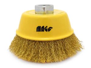 Hrncový drátěný kartáč pr. 100 mm MAGG 040006, mosazný vlnitý drát pr. 0,30 mm, závit M14x2 mm