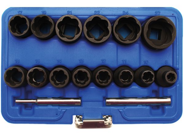 Nástrčné hlavice 1/2" SPECIAL 8 ÷ 27 mm BGS105269 na poškozené šrouby. Sada 16 dílů BGS 5269