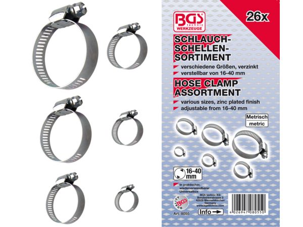 Hadicové spony 16 ÷ 40 mm BGS108055, nerezové Sada 26 dílů