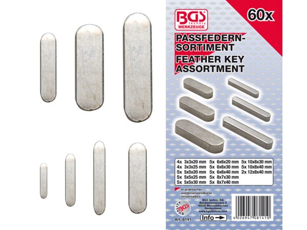 Těsná pera 3x3x20 mm ÷ 12x8x40 mm BGS108141 Sortiment 60 dílů
