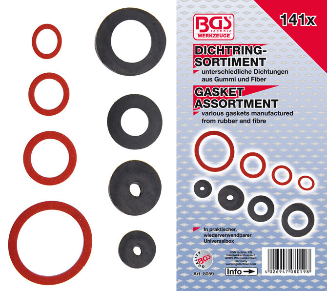 Těsnící kroužky - guma, fiber a klingerit BGS108059 (Sada 141 dílů v PVC kazetě)