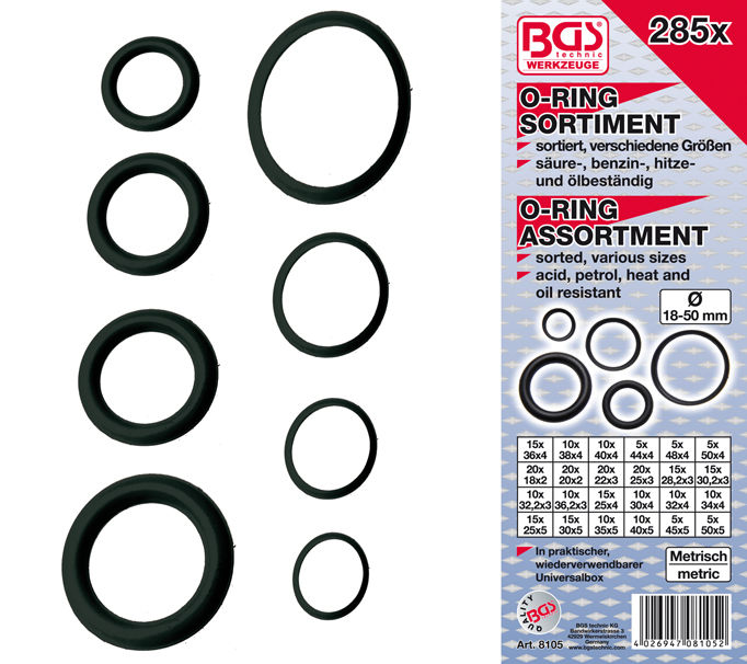 Těsnicí "O" kroužky pr. 18 ÷ 50 mm BGS108105, gumové XXL (Sada 285 dílů)