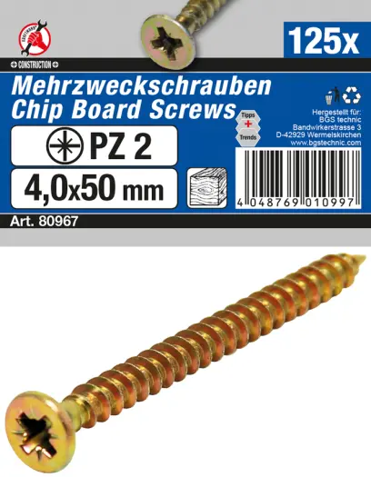 Víceúčelové šrouby křížové PZ2 4,0 x 50 mm 125 ks (BGS1080967)