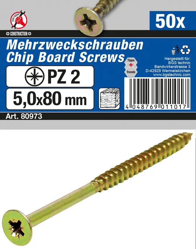 Víceúčelové šrouby křížové PZ2 5,0 x 80 mm 50 ks (BGS1080973)