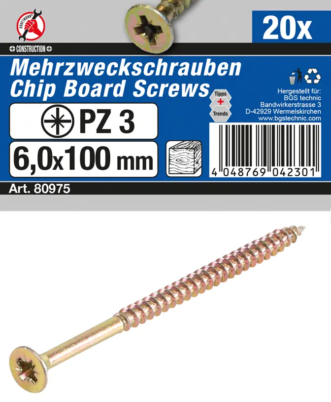 Univerzální zápustné vruty PZ BGS 80975 6,0 x 100 mm 20 ks (BGS1080975)