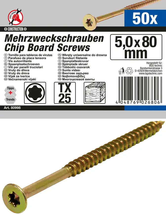 Víceúčelové šrouby T-profil (pro Torx) T25 5,0 x 8 (BGS1080998)