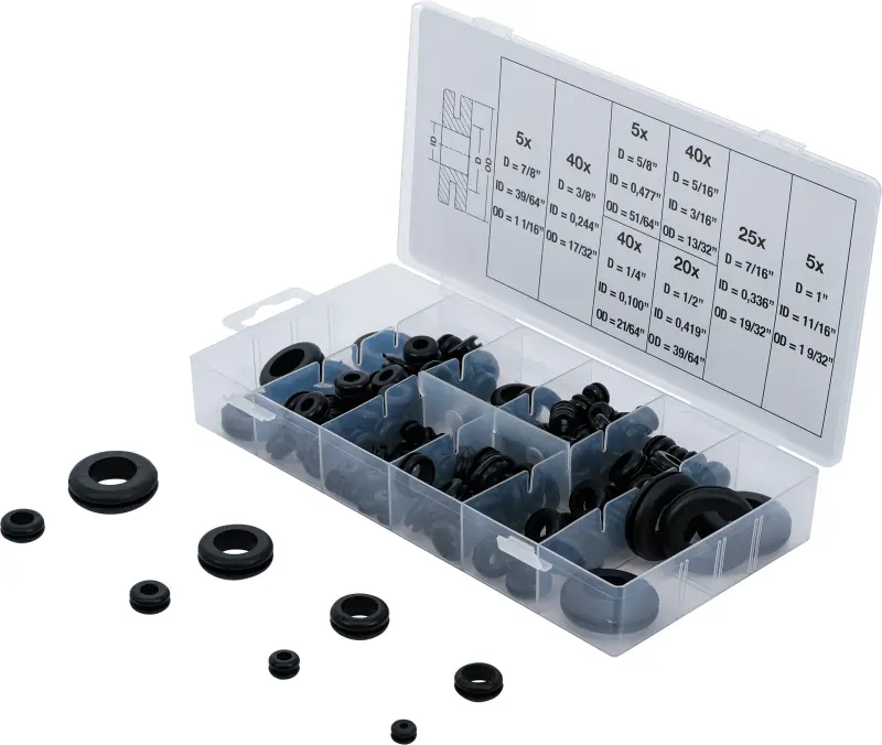 Gumové průchodky pr. 5/16" ÷ 1" BGS108112, palcové.  Sada 180 dílů (BGS108112)