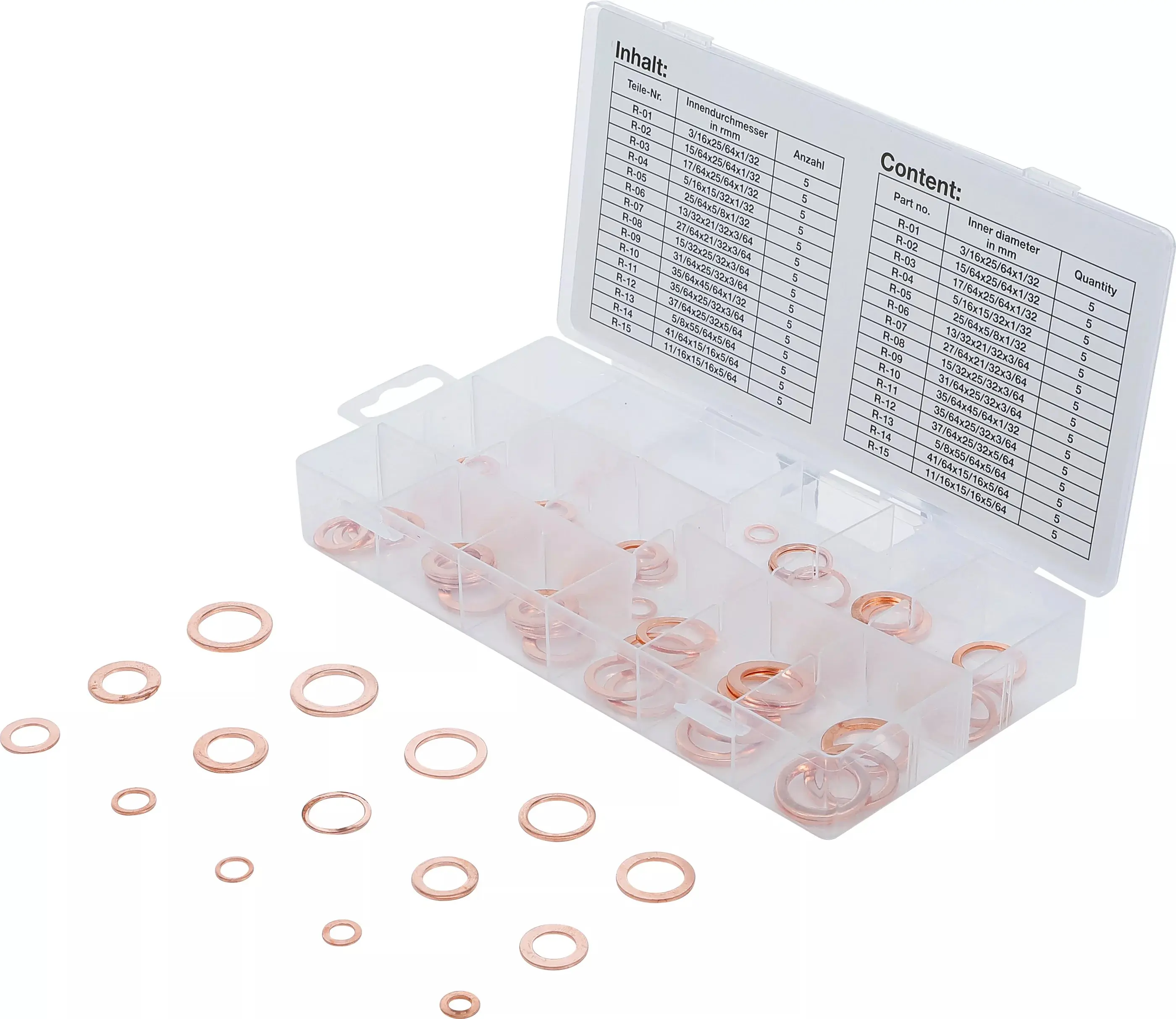 Těsnicí kroužky pro olejové výpustě BGS108144, palcové, měděné. Sada 75 dílů (BGS108144)