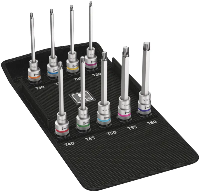 Wera 004212 Zástrčné bitové hlavice Zyklop 1/2" TX 20 ÷ TX 60 typ 8767 C TORX HF 3, přidržovací, prodloužené - 9 dílů (W05004212001)