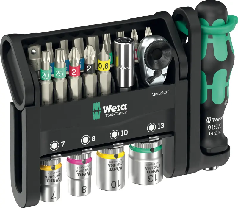 Wera 049000 Bity, hlavice a ráčna 1/4" Tool-Check Modular 1 s držákem 889/4/1 K (Sada 21 dílů) (W05049000001)