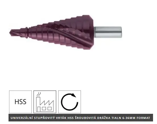 Univerzální stupňovitý vr ták HSS šroubovitá drážka TiALN 6-36mm FORMAT