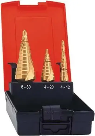 Stupňovité vrtáky průměr 4 ÷ 30 mm Format 13200100, HSS, TiN (Sada 3 ks)