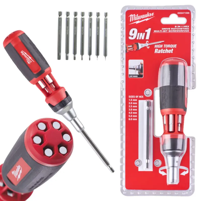 Ráčnový šroubovák s úložištěm imbus bitů Milwaukee, Multi-bit 9v1 (HEX - 88mm dlouhé bity) - Sada 9 dílů (MI4932471599)