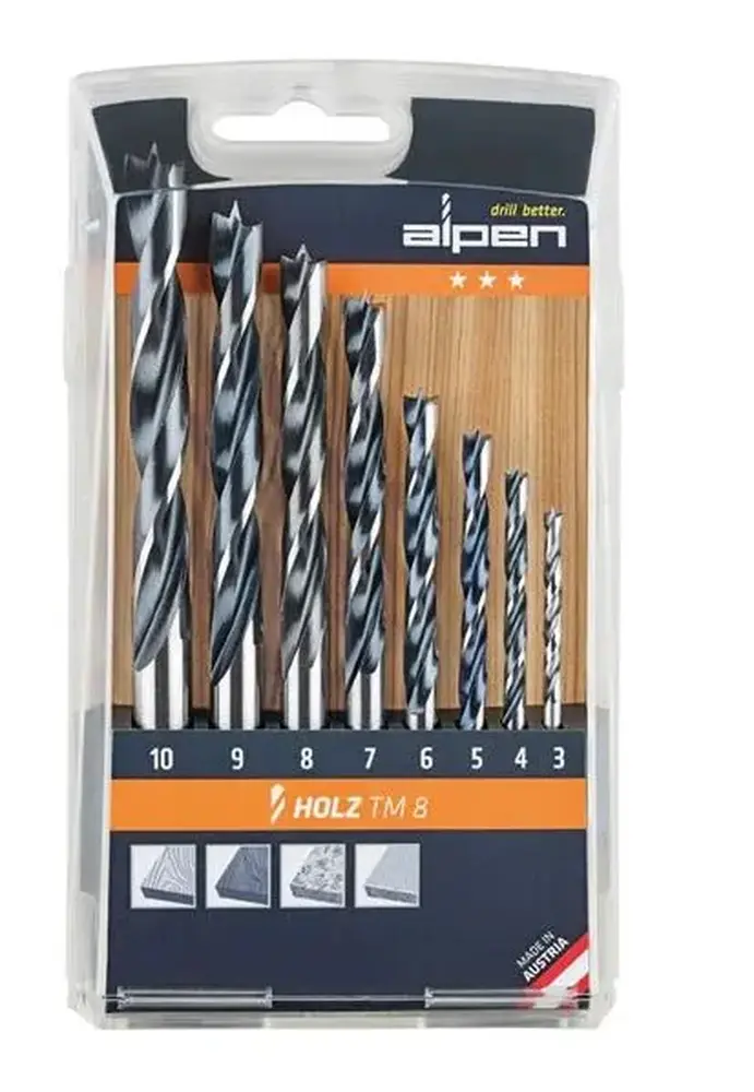 Spirálové vrtáky HSS do dřeva pr. 3 ÷ 10 mm Alpen Holz TM 8 (Sada 8 dílů) (ALPEN0000600092100)