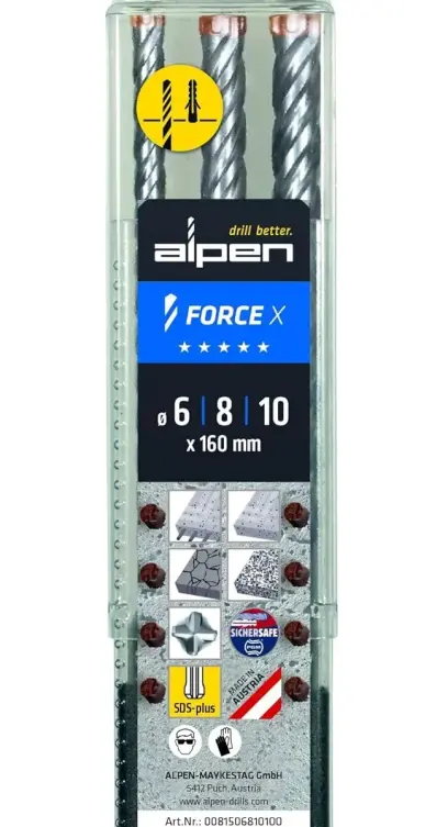 Výkonné SDS-plus vrtáky pr. 6 ÷ 10 mm se čtyřmi břity Alpen Force X (Sada 3 dílů) (ALPEN0081506810100)