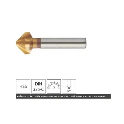 Kuželový záhlubník 90° DIN335-C HSS TiN tvar C válcová stopka průměr 10,4 mm FORMAT