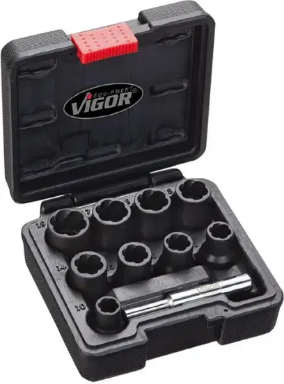 Sada vytahovačů šroubů šroubovitá drážka 1/2" 34mm vyrážecí klín, 10 ks. 10-19mm kufřík