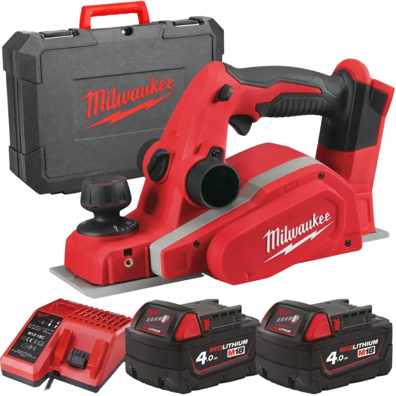 Aku hoblík Milwaukee M18 BP-402C, šířka 82 mm, odběr až 2 mm, 2x Aku M18 B4 + M12-18 C + kufr, 4933451114