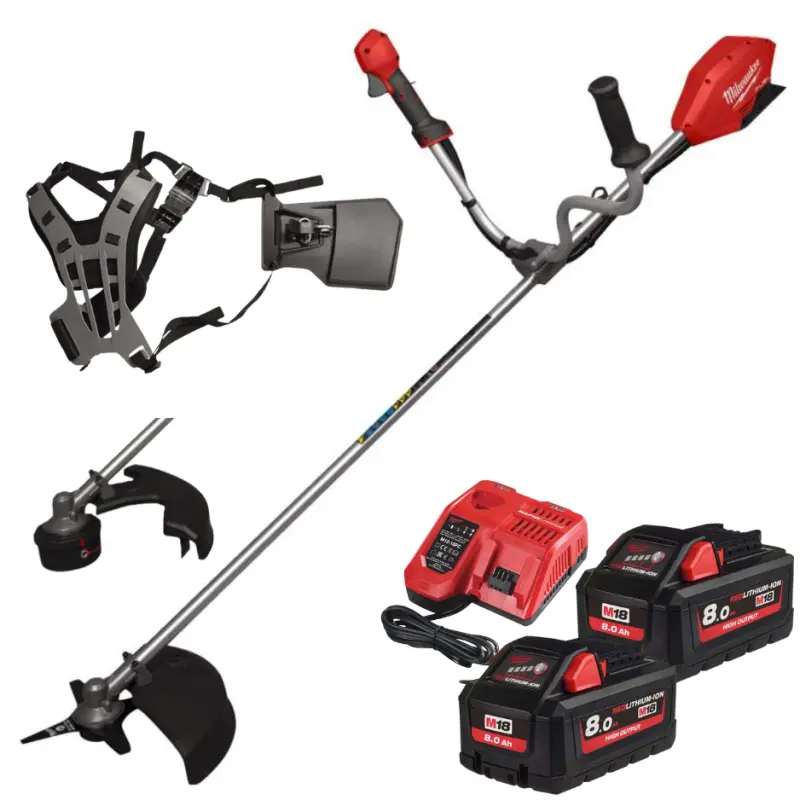 Aku strunová sekačka na trávu/křovinořez Milwaukee M18 FBCU-802, strunový vyžínač/nůž, zádový popruh, 2x Aku M18 HB8 + nabíječka M18 FC, 4933492298 (MI493349229