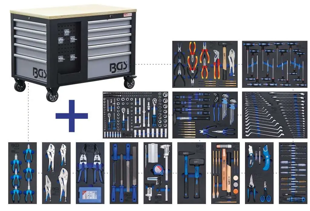 Dílenský vozík (2x 5 zásuvek + 1 skříňka) BGS104199 včetně příslušenství (SET1)
