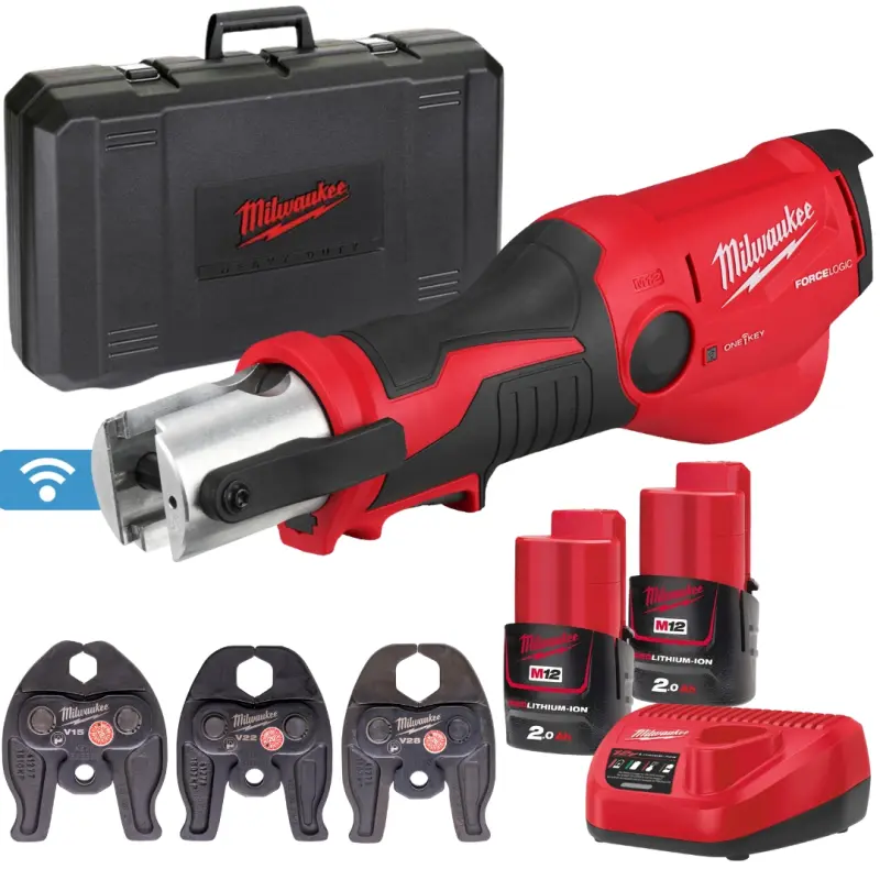 Aku hydraulický lis Milwaukee M12 ONEHPT-202C V-SET, ONE-KEY, 2x aku M12 B2 + M12 C12 C + kufr + čelisti, 4933481034
