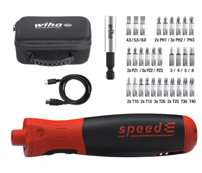 Elektrický šroubovák Wiha speedE® PocketDrive.
Vánoční edice s boxem na nástavce
a pouzdrem (WIHA47183)
