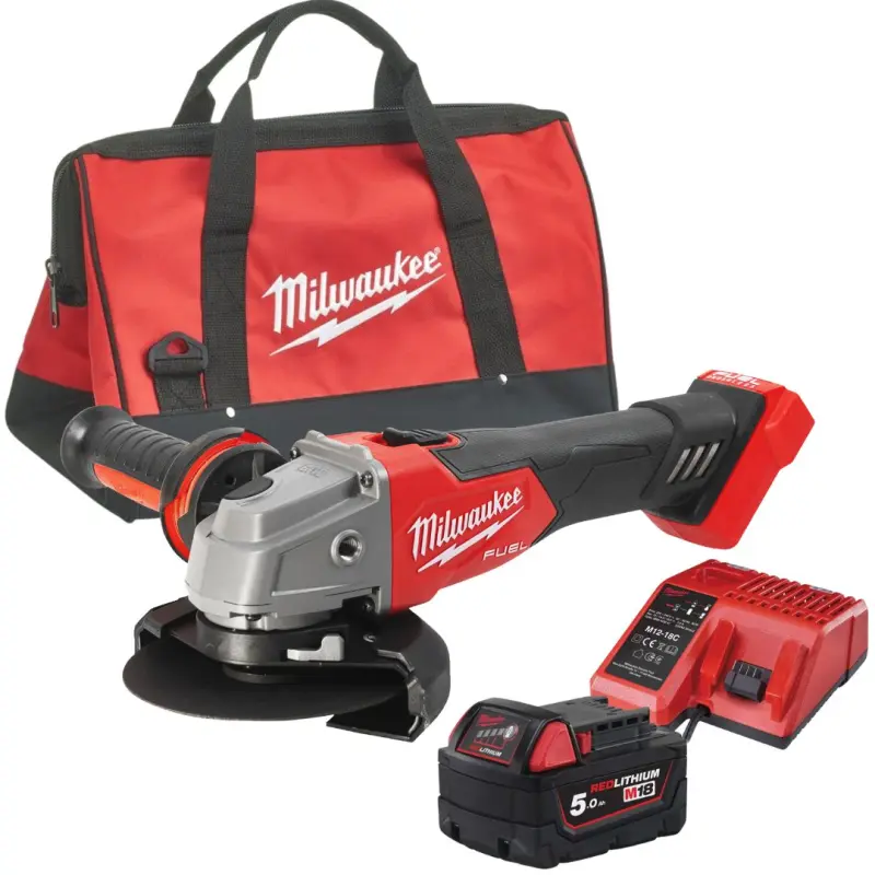 Aku úhlová bruska 125 mm Milwaukee M18 FSAG125X-501B s posuvným spínačem, aku M18 B5 + M12-18 C+ taška, 4933500779