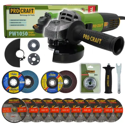 Bruska úhlová Procraft PW1050 + rychloupínací matice, 10x řezný kotouč, 2x lamelový kotouč (PRCSPW1050/RM14)