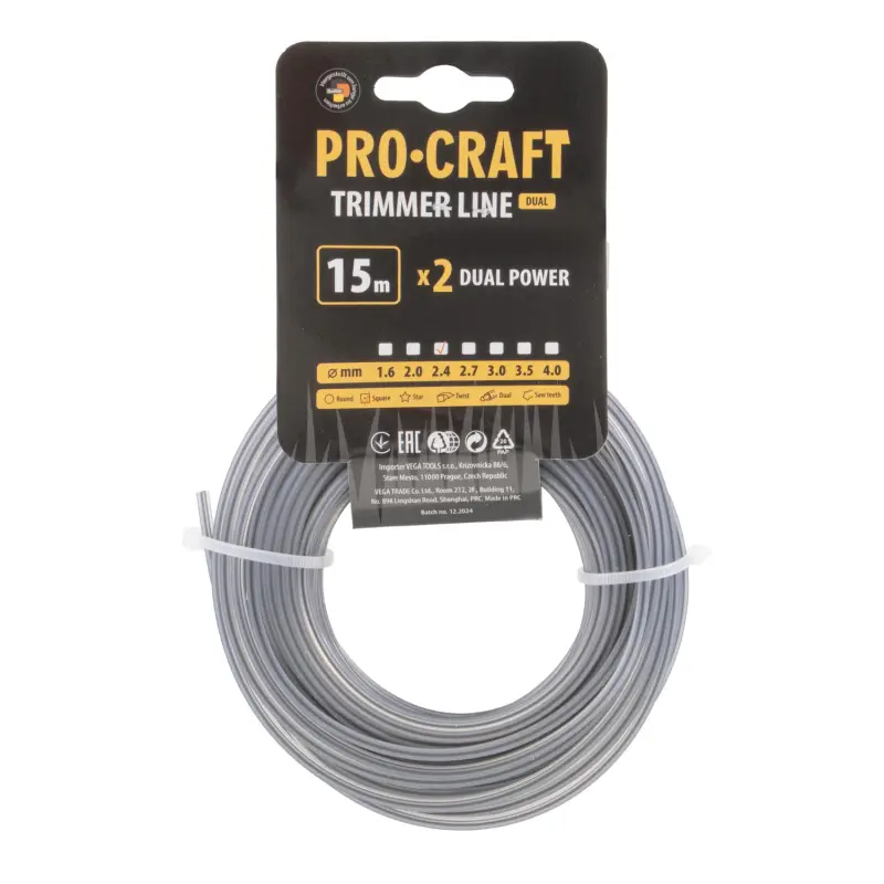 Struna žací (s výztuhou) (2.4mm) (15m) čtverec PROCRAFT KV/J-2.4/15 | KV/J-2.4/15