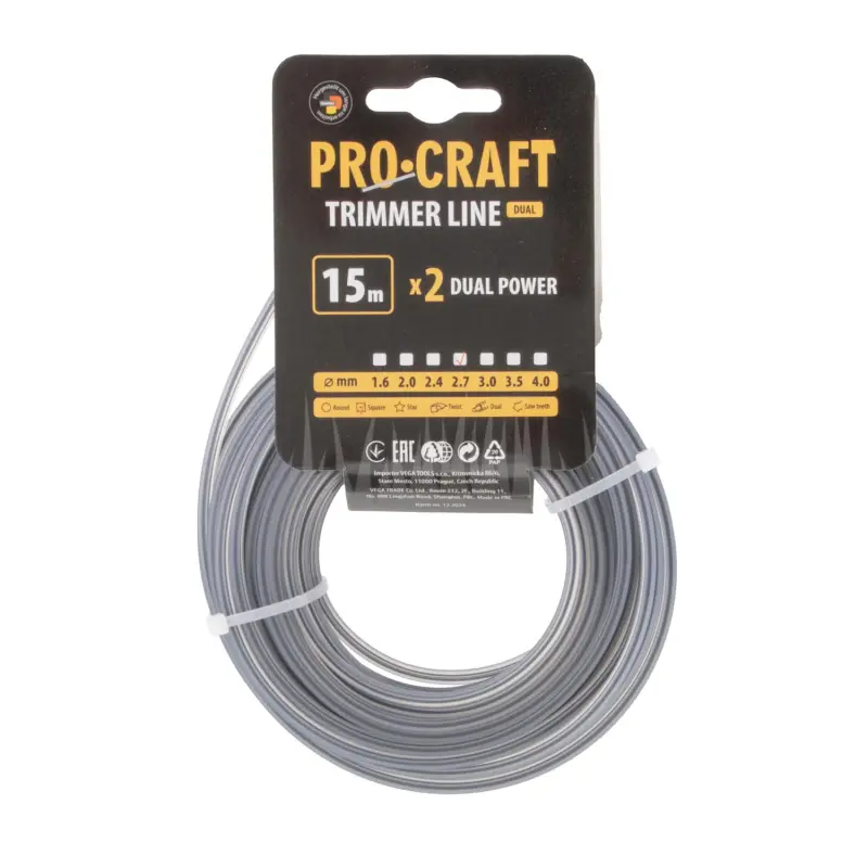 Struna žací (s výztuhou) (2.7mm) (15m) čtverec PROCRAFT KV/J-2.7/15 | KV/J-2.7/15