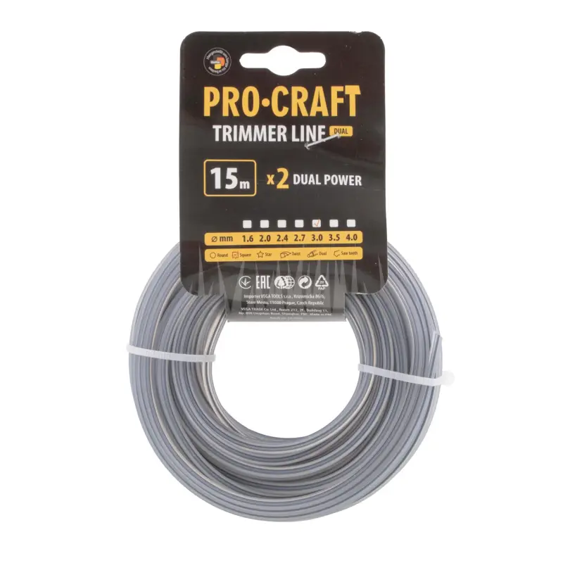 Struna žací (s výztuhou) (3mm) (15m) čtverec PROCRAFT KV/J-3/15 | KV/J-3/15