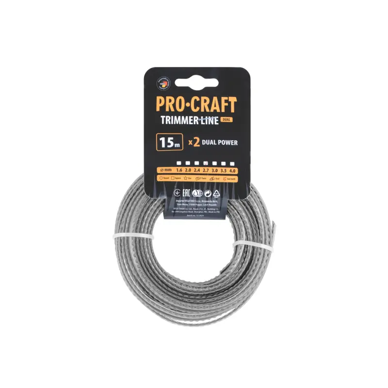 Struna žací (2.7mm) (s výztuhou) (15m) ozubená PROCRAFT KD/J-2.7/15 | KD/J-2.7/15