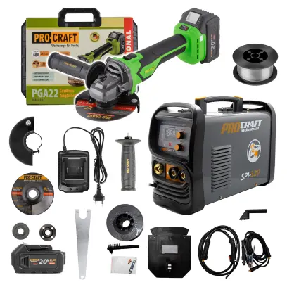 Sada Procraft svářecí poloautomatický invertor SPI-320 s aku úhlovou bruskou PGA22-1B-C + svařovací drát FW81 (PRCSSPI-320/PGA22-1B)