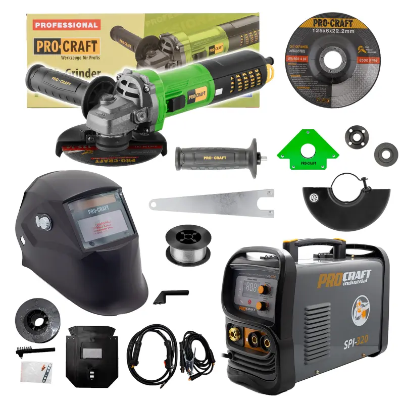 Sada svářecí poloautomatický invertor SPI-320 s úhlovou bruskou PW2450 + drát FW81 + kukla + magnet | SSPI-320/PW2450/SPH90