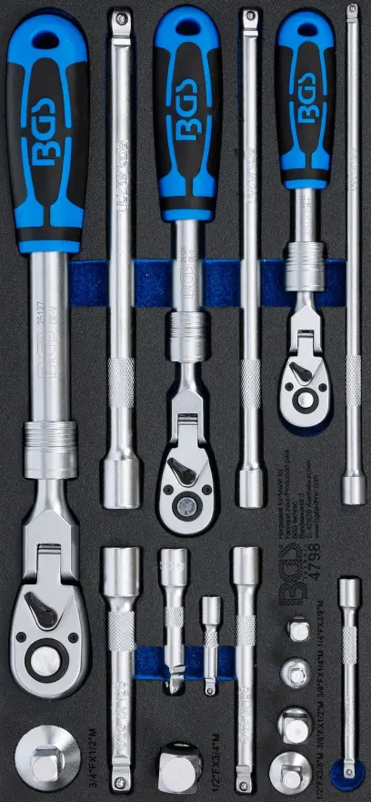 BGS 4798 Vložka do dílenského vozíku 1/3: přepínací ráčny 1/4" - 3/8" - 1/2" teleskopické, úhlové - 17 dílů
