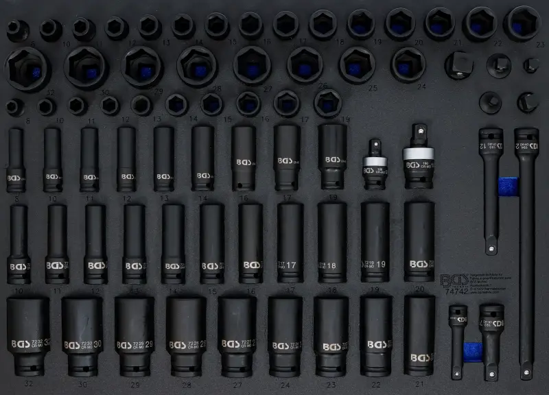 Vložka do dílenského vozíku 3/3: sada silových nástrčných šestihranných hlavic, šestihranné | 10 mm (3/8), 12,5 mm (1/2") | 8 - 32mm | 73dílná