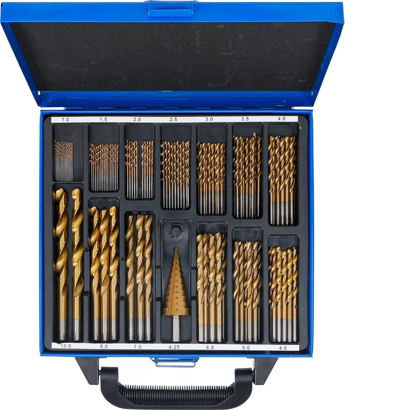 Spirálové a stupňovité vrtáky HSS 1 ÷ 10 mm BGS102009, TiN. DIN 338. Sada 119 dílů (BGS102009)