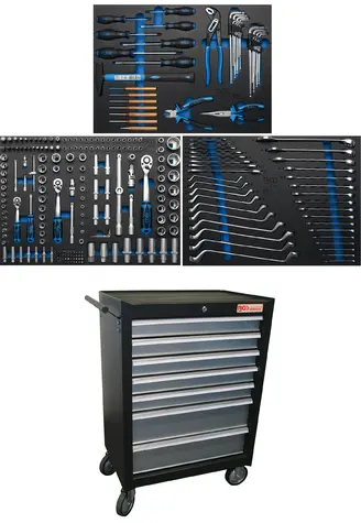 Dílenský montážní vozík BGS104062 - černý. 7 zásuvek s vybavením 263 dílů (BGS104062)