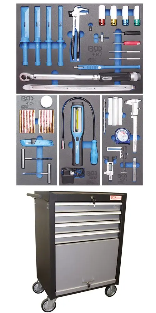 Montážní pojízdný vozík BGS104087 4 zásuvky, 1 sklopná přihrádka. S vybavením 82 dílů (BGS104087)