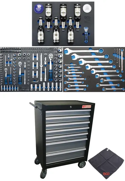 Dílenský montážní vozík. BGS104104. 7 zásuvek s vybavením 215 dílů (BGS104104)