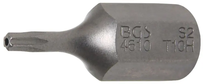 Bit  Délka 30 mm  pohon vnější šestihran 10 mm (3/8")  T-profil (pro Torx) s otvorem T10
