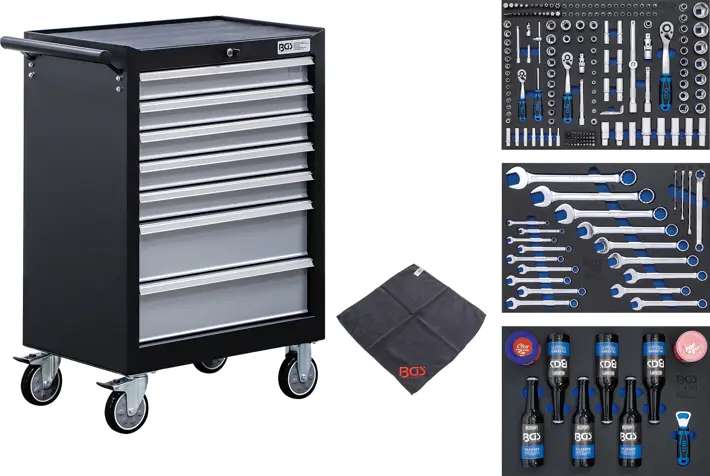 Dílenský vozík, pojízdný BGS106074, 7 zásuvek. Vybavený 215 ks nářadí (BGS106074)