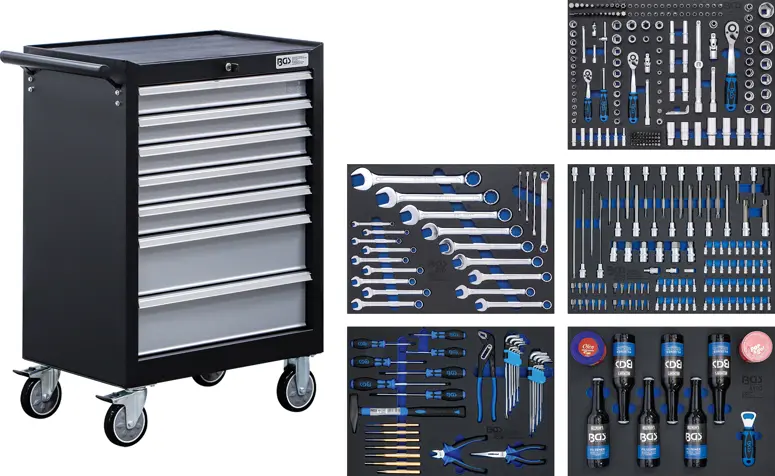 Dílenský vozík, pojízdný BGS106077, 7 zásuvek. Vybavený 354 ks nářadí (BGS106077)