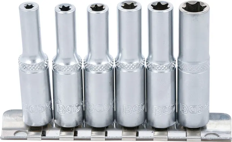 BGS 6403 Nástrčné hlavice 1/4" E-profil E4 ÷ E10, prodloužené. Sada 6 dílů na kolejnici (BGS106403)