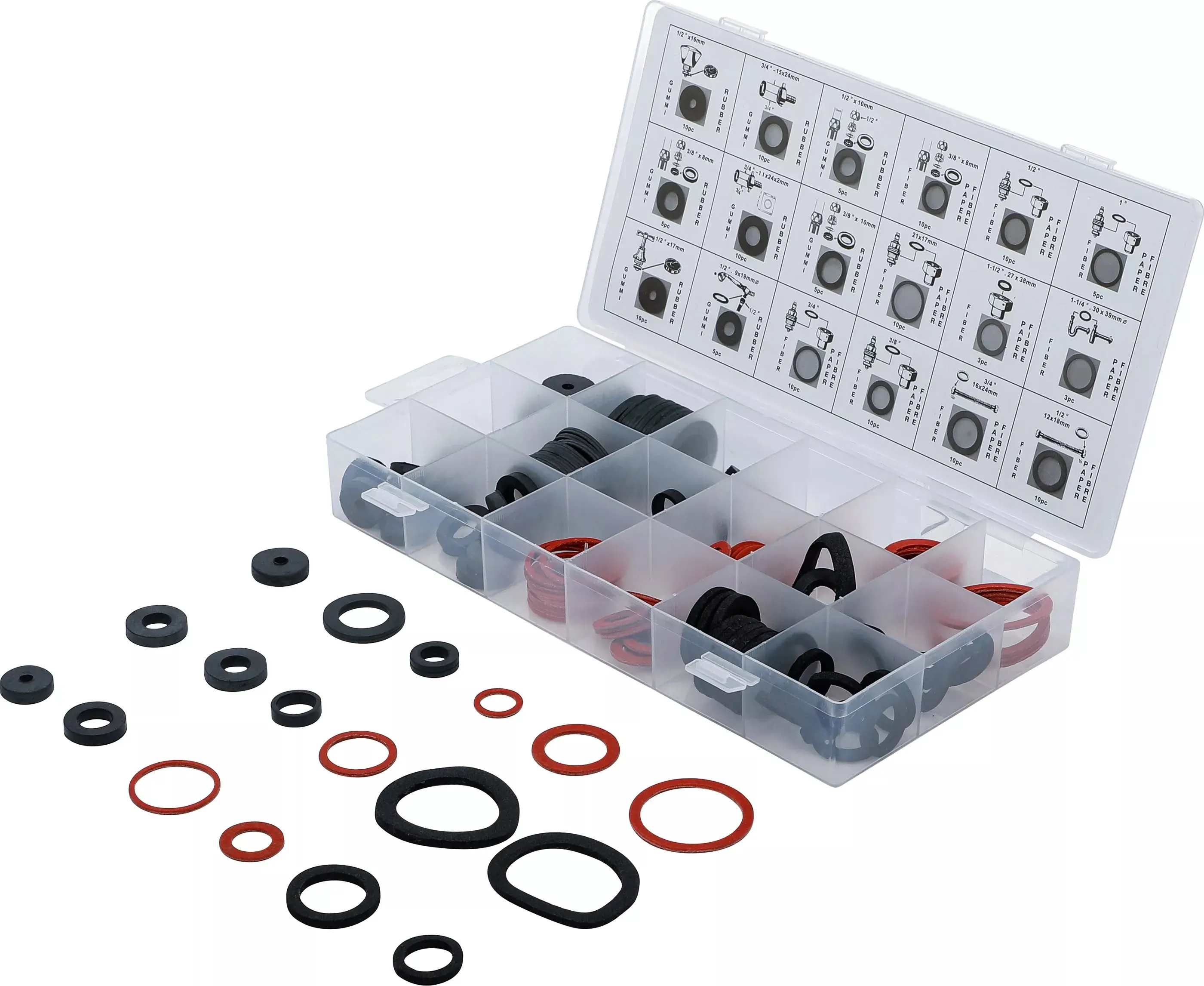Těsnící kroužky - guma, fiber a klingerit BGS108059 (Sada 141 dílů v PVC kazetě) (BGS108059)