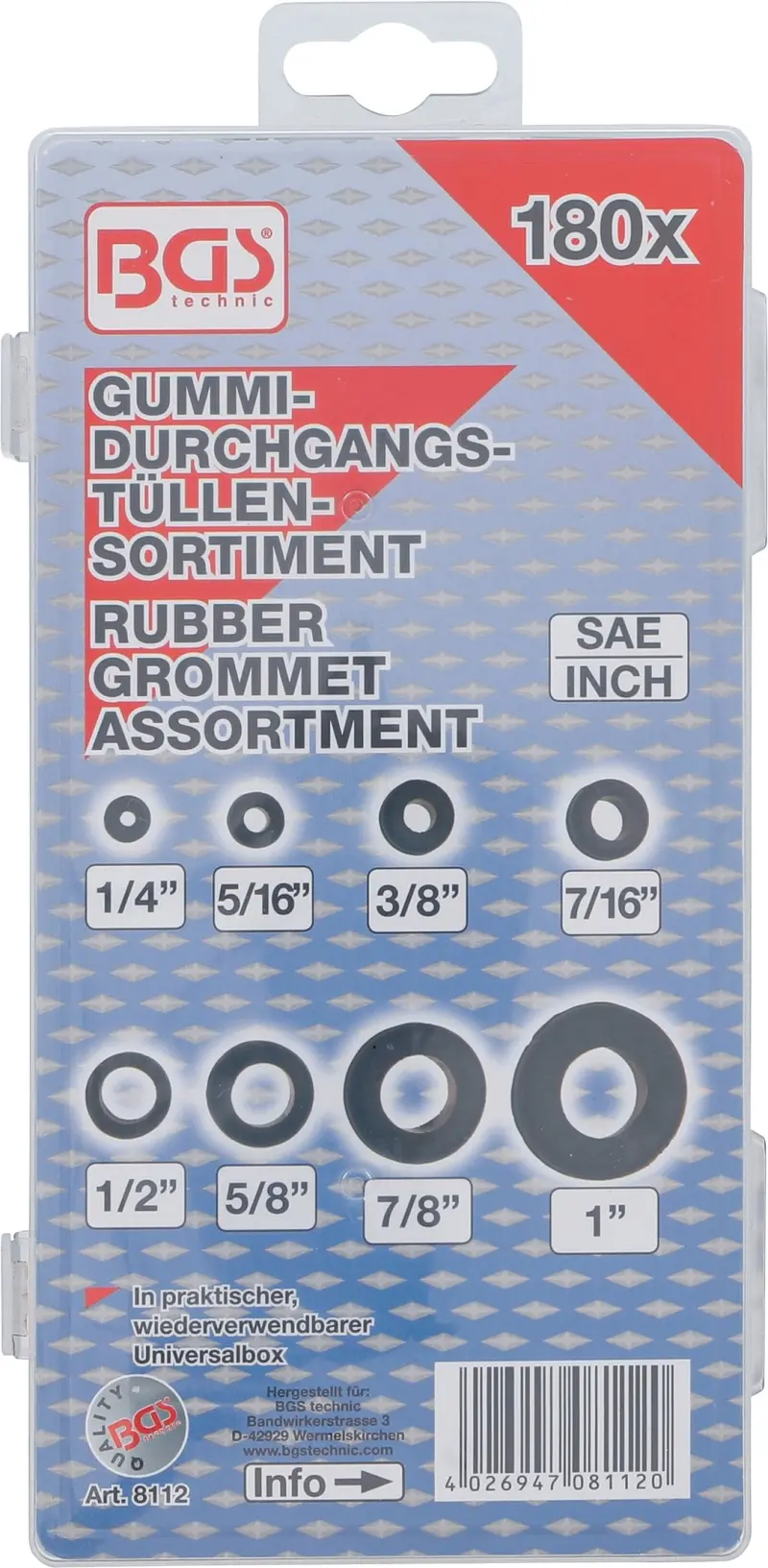 Gumové průchodky pr. 5/16" ÷ 1" BGS108112, palcové.  Sada 180 dílů (BGS108112)
