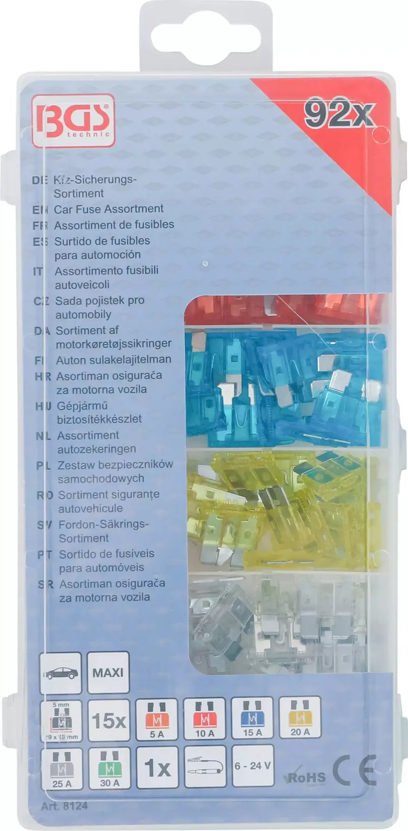 Nožové pojistky 5 ÷ 30 A BGS108124, včetně zkoušečky. Sada 92 dílů (BGS108124)