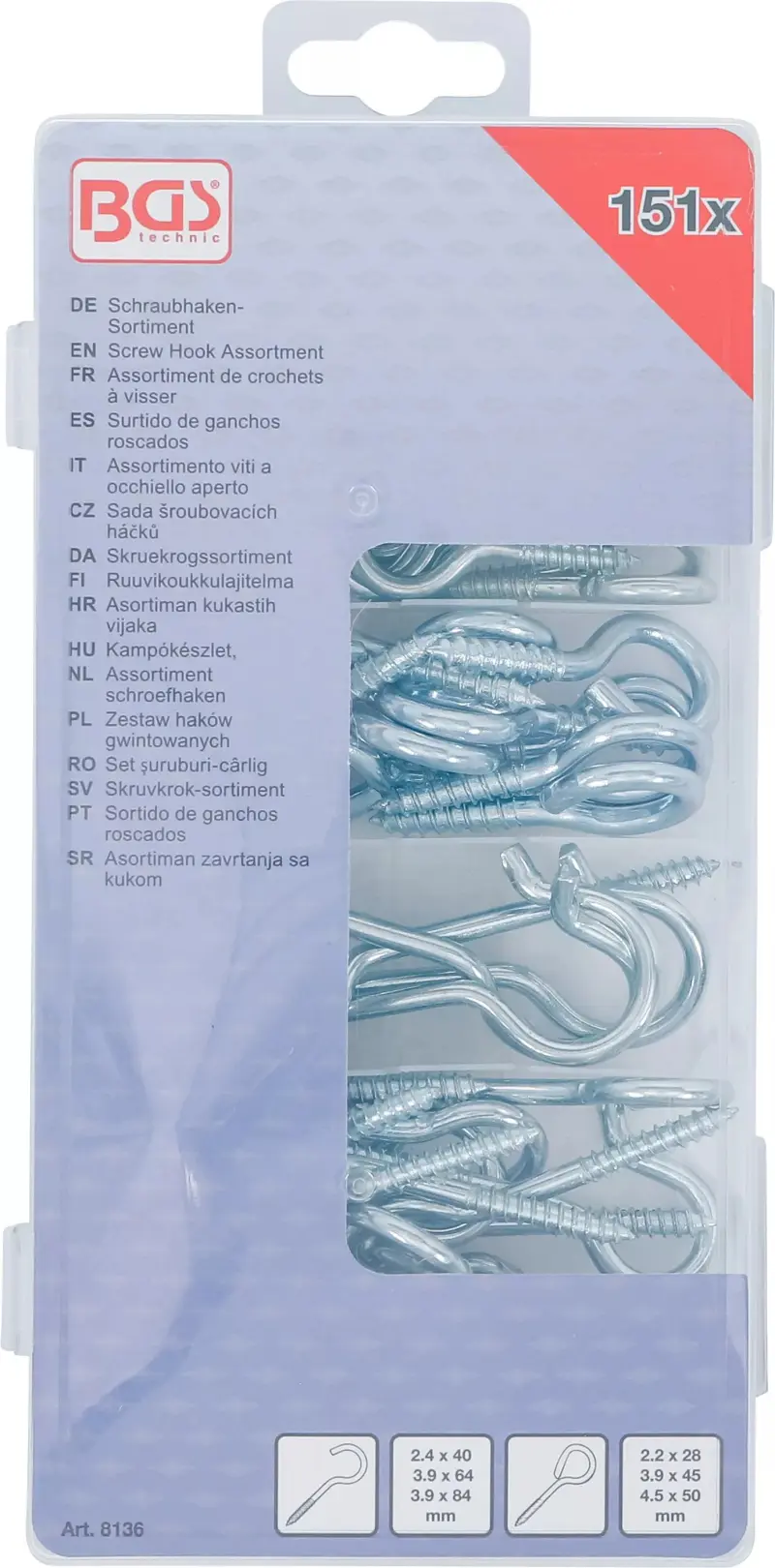 Šroubovací háčky (vruty) + očka BGS108136  v PVC kazetě. (Sada 151 dílů) (BGS108136)