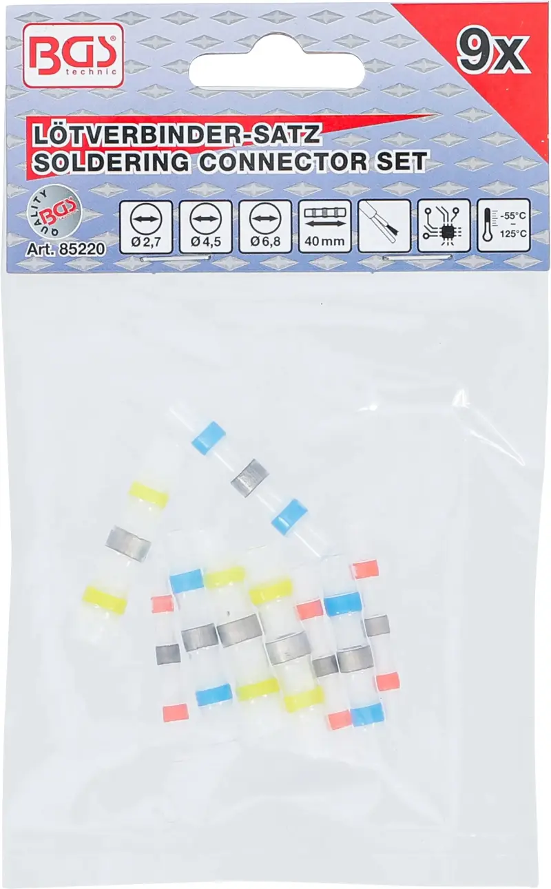 Pájecí konektory pr. 2,7-4,5-6,8 mm BGS 85220 smršťovací bužírka, 9 dílů (BGS1085220)