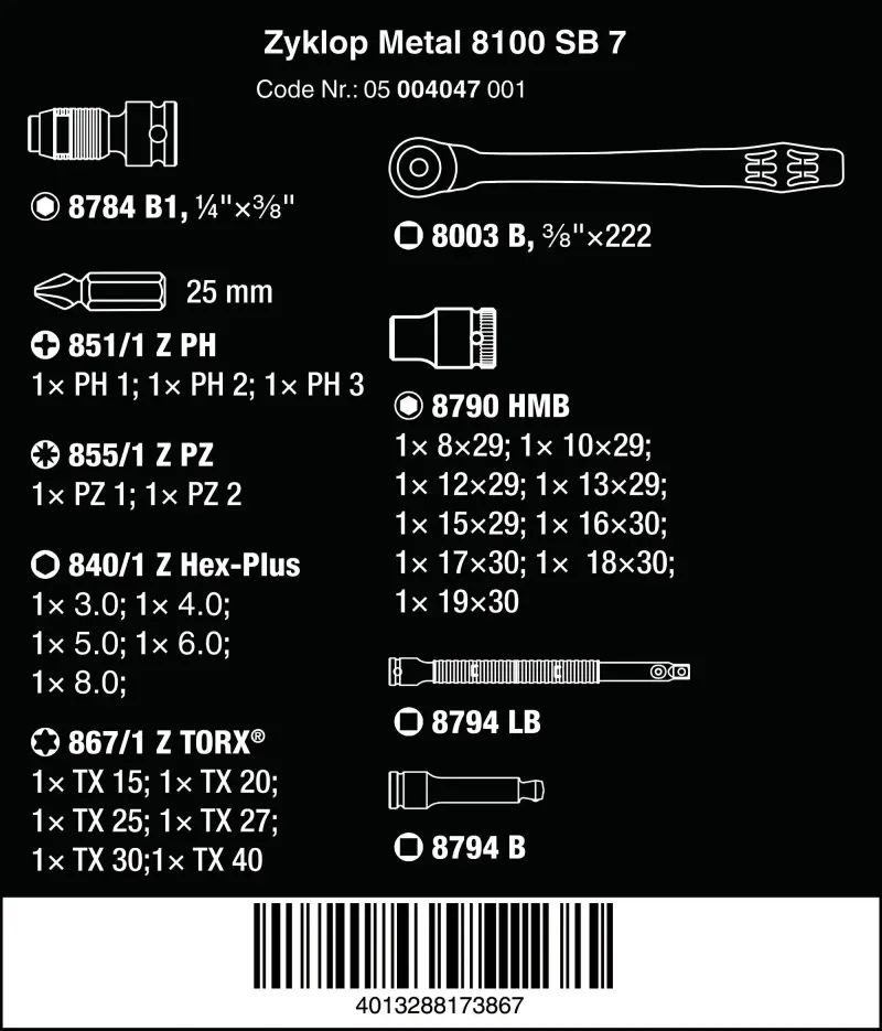 Wera 004047 Ráčnová sada  Zyklop Metal 3/8" typ 8100 SB 7, průchozí - 29 dílů (W05004047001)